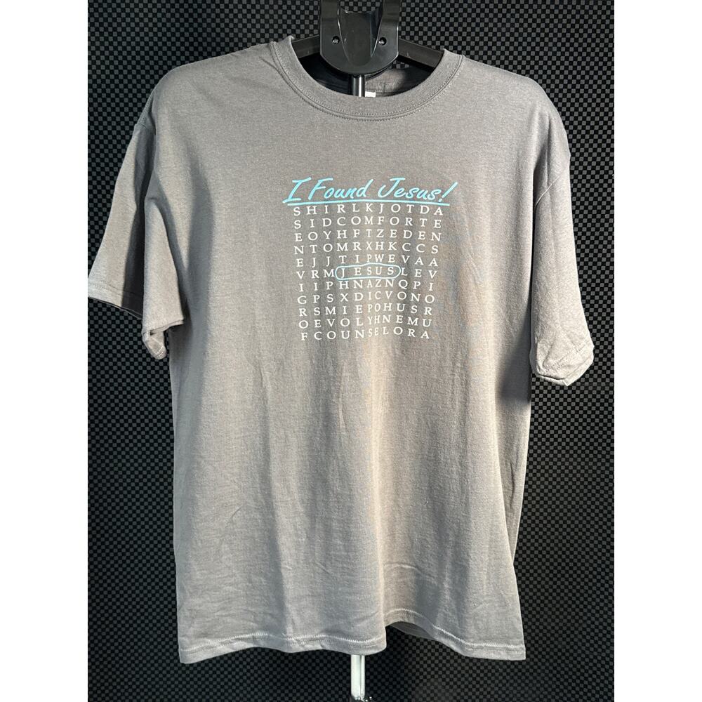 “I Found Jesus!” Word Find T-Shirt, Gray Size Large